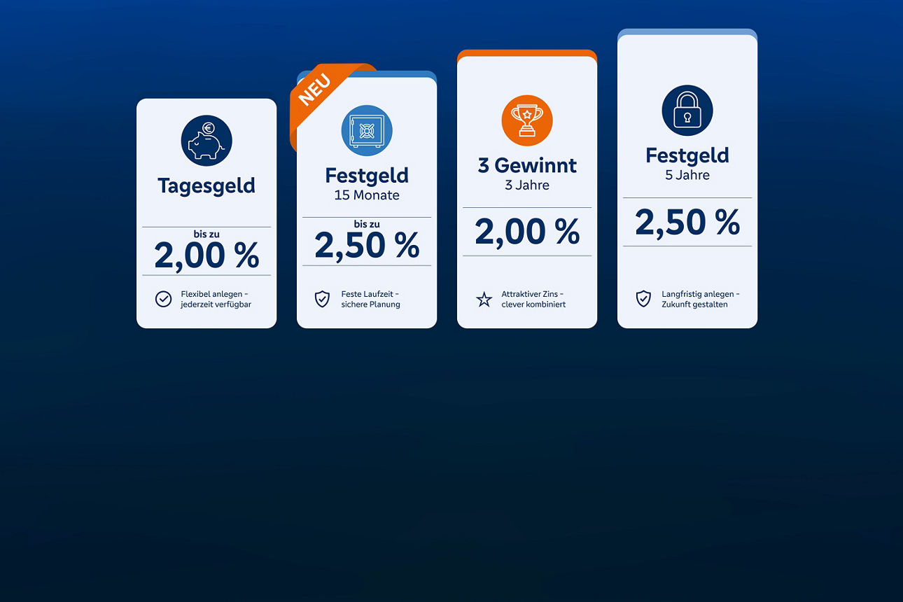 Grafik mit Anlage- und Sparprodukten, darunter Tagesgeld, Festgeld und Gewinnsparen mit Zinssätzen.
