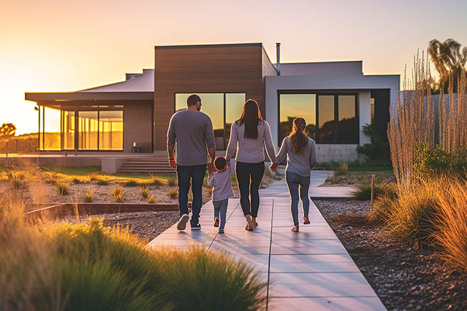 Eine Familie mit Kindern läuft in Richtung Haus