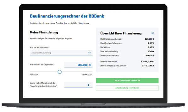 Screenansicht Immoportal Ansicht Baufinanzierungsrechner