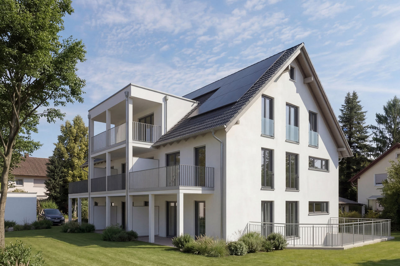 Rückansicht eines modernen, weißen Mehrfamilienhauses mit mehreren Balkonen, großem Garten und Solaranlage auf dem Dach unter