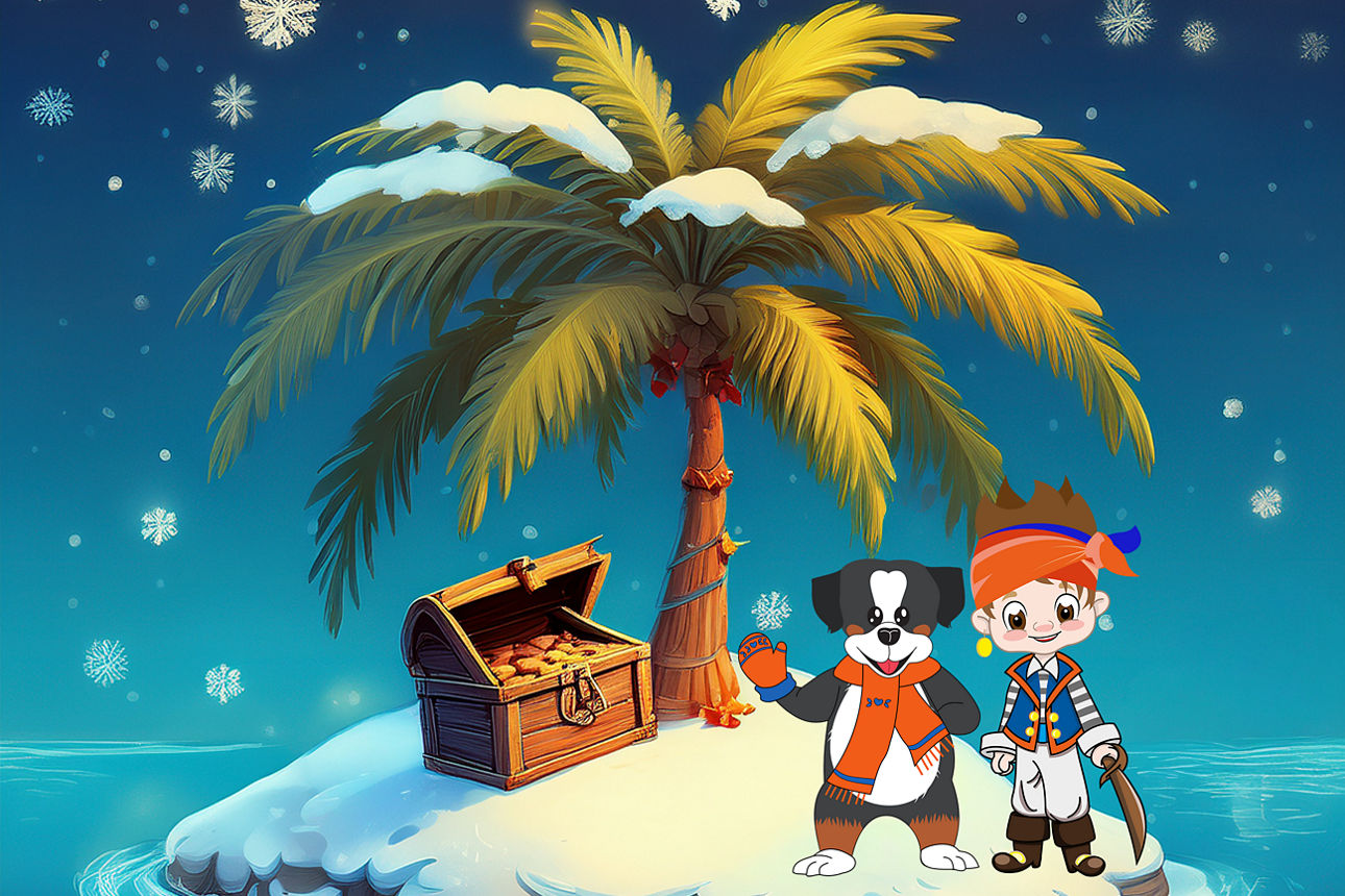 Anton und Pirat Pi befinden sich auf einer winterlichen Insel mit einer Palme und einer offenen Schatzkiste.
