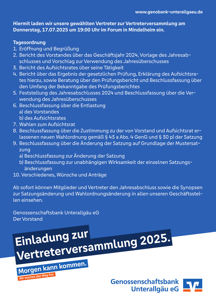 Plakat Einladung zur Vertreterversammlung 2025 inkl. Tagesordnungspunkte
