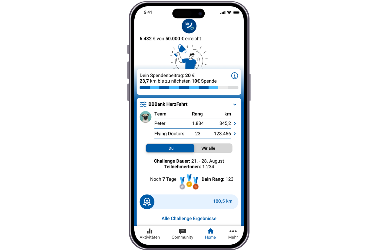 Smartphone zeigt Startbildschirm der BBBank HerzFahrt App