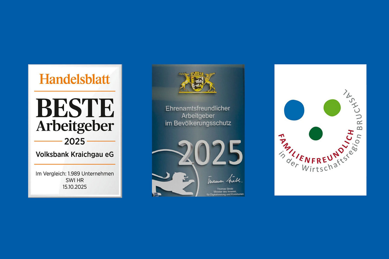 Auszeichnungen Handelsblatt Beste Arbeitgeber 2025, Ehrenamtsfreundlicher Arbeitgeber im Bevölkerungsschutz und Familienfreundlich in der Wirtschaftsregion Bruchsal auf blauem Hintergrund