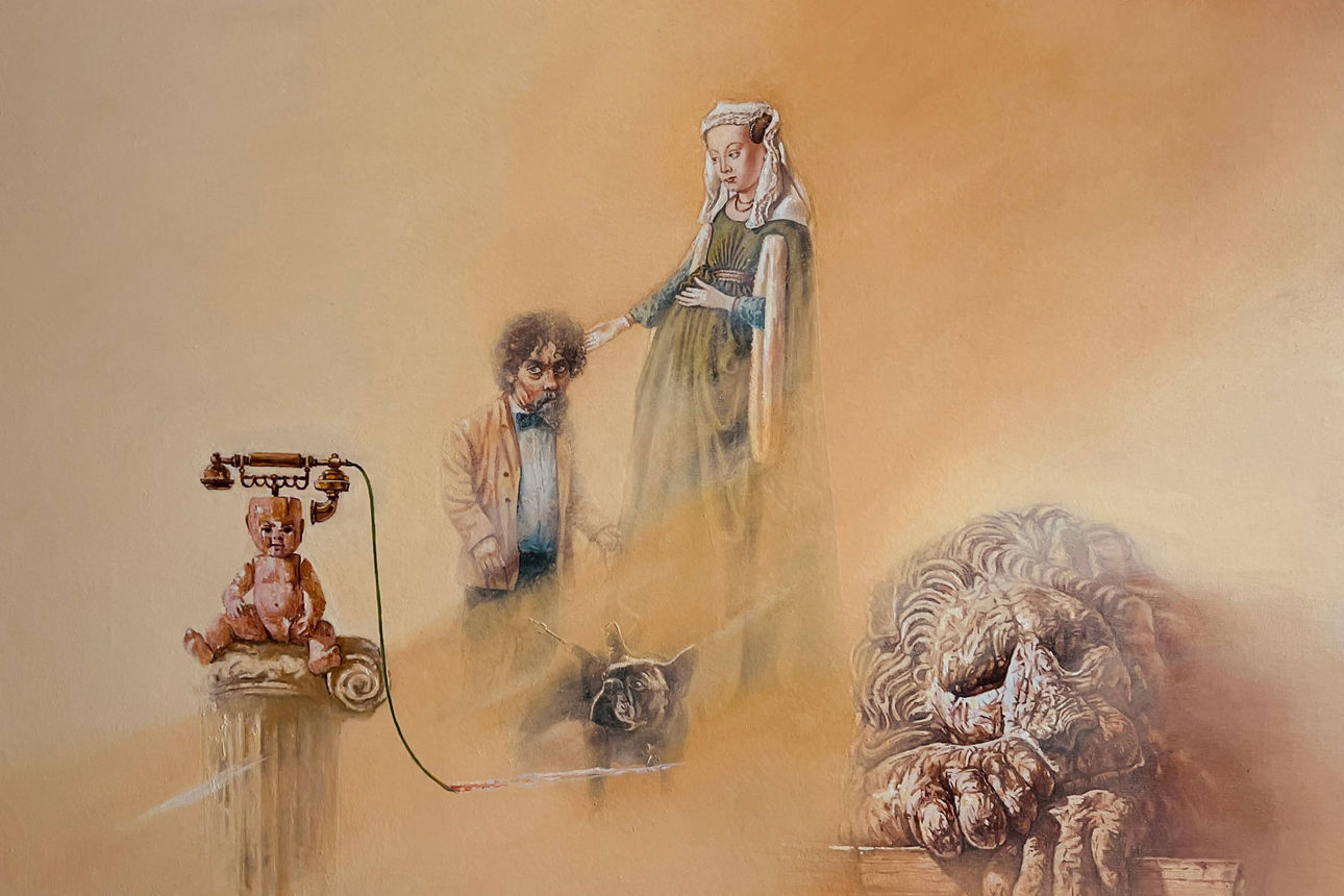 Arnolfinis beunruhigender Traum. Hommage an Jan van Eyck.  2025. öl auf Leinwand. 100 x 80 cm.