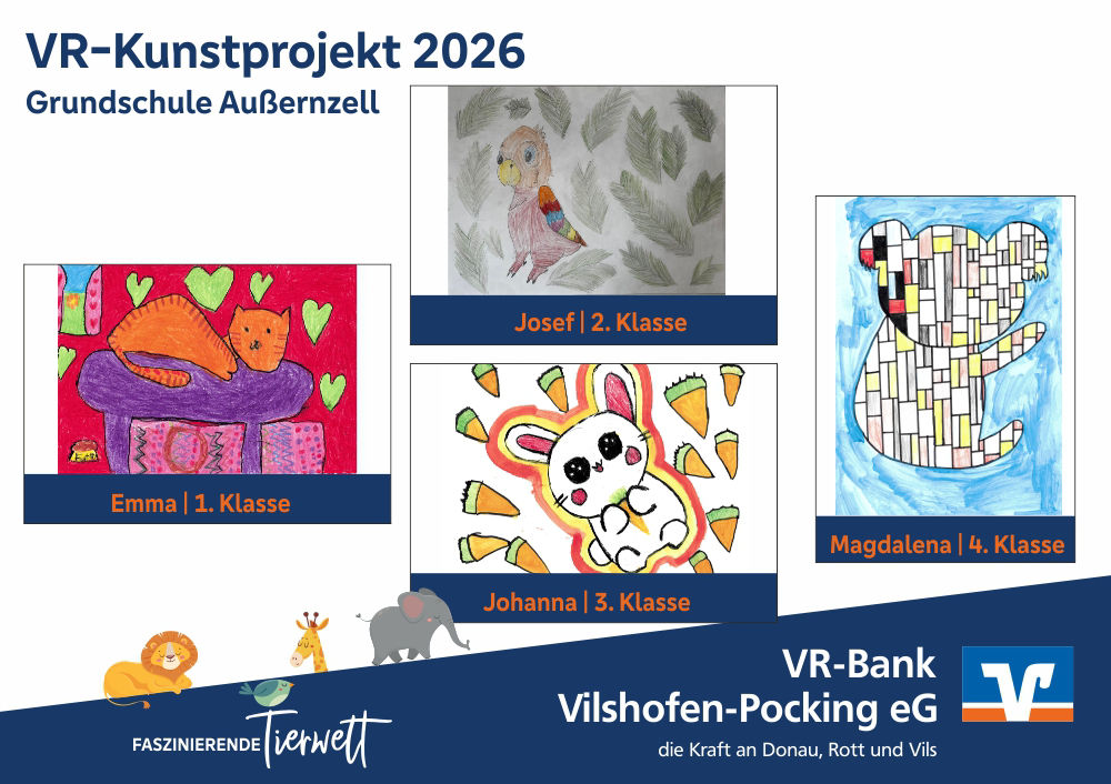 Die vier Gewinnerbilder VR-Kunstprojekt 2026, Grundschule Außernzell: Katze, Papagai, Hase, abstrakter Koala.
