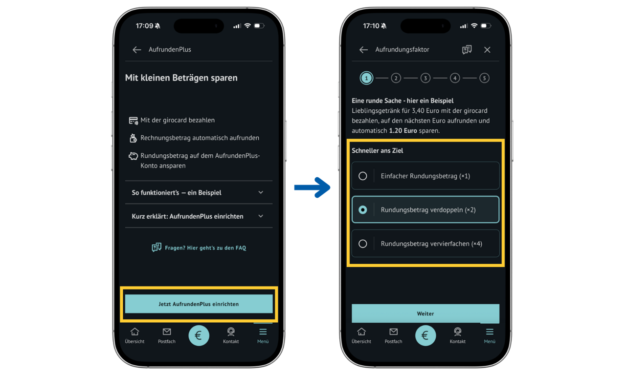 zwei Smartphone-Bildschirme zeigen Einstellungen zu AufrundenPlus in der BBBank App