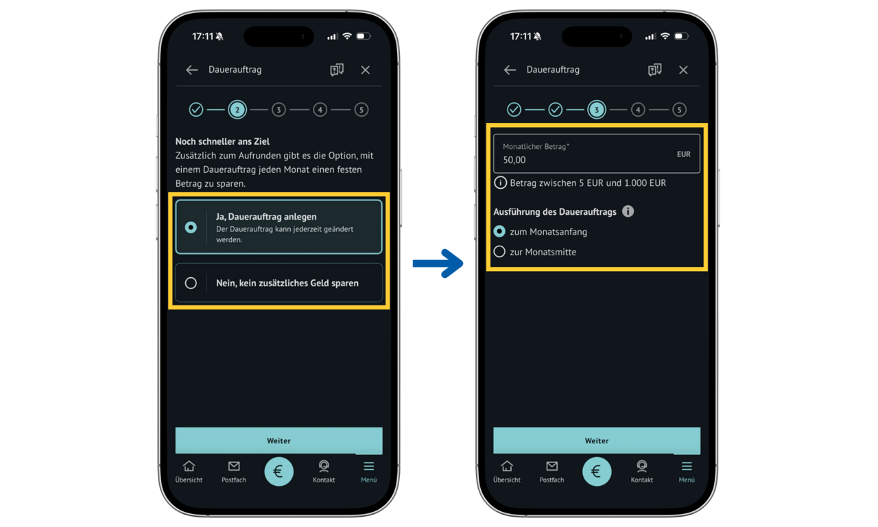 zwei Smartphone-Bildschirme zeigen Einstellungen zum Dauerauftrag bei AufrundenPlus in der BBBank App