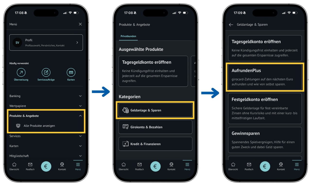 drei Smartphone-Bildschirme zeigen Menüpunkte zu AufrundenPlus in der BBBank App