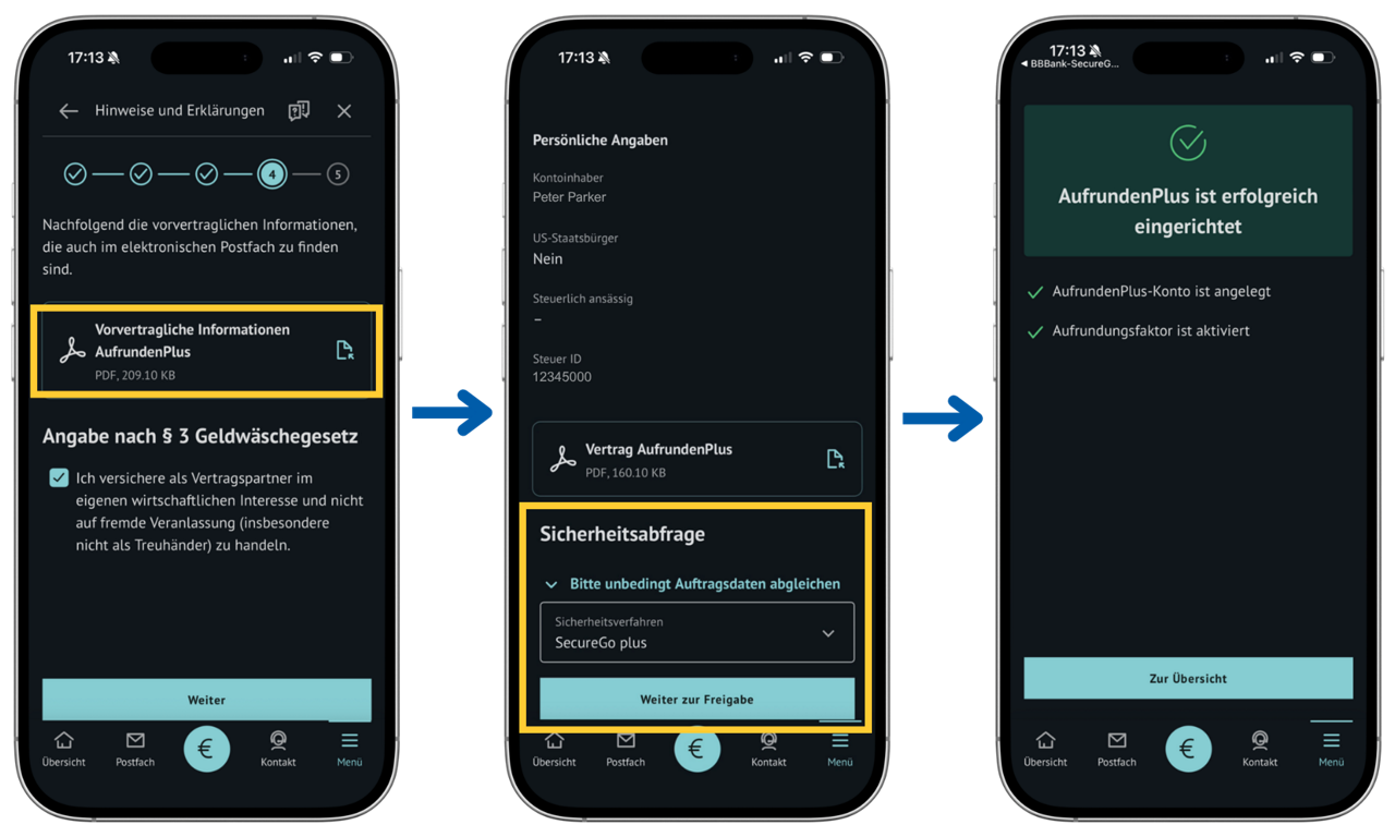 drei Smartphone-Bildschirme zeigen Einrichtung von AufrundenPlus in der BBBank App