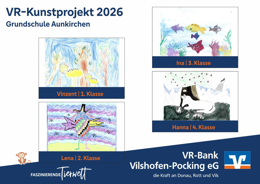 Die vier Gewinnerbilder VR-Kunstprojekt 2026, Grundschule Aunkirchen: Tiger, Fische, Fantasiekäfer, Wölfe.
