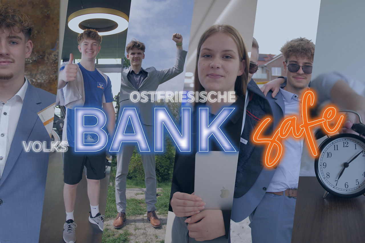 Zusammenschnitt von jungen Personen bei verschiedenen Aktivitäten mit dem Schriftzug "Ostfriesische Volksbank SAFE"