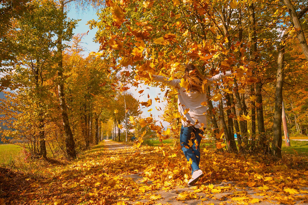 Frau wirft Laub im Herbstwald