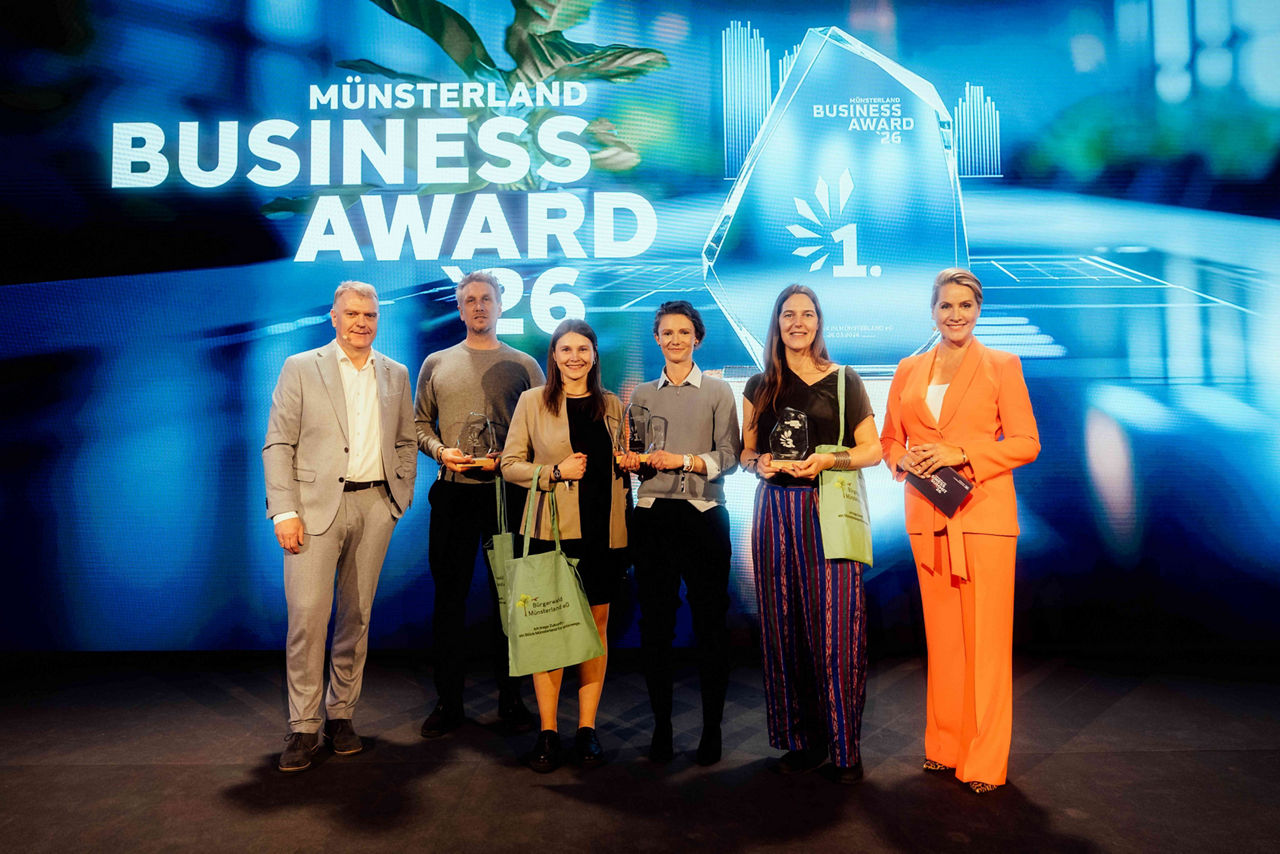 Gruppenbild mit den Top3-Finalisten für den Münsterland Business Award.