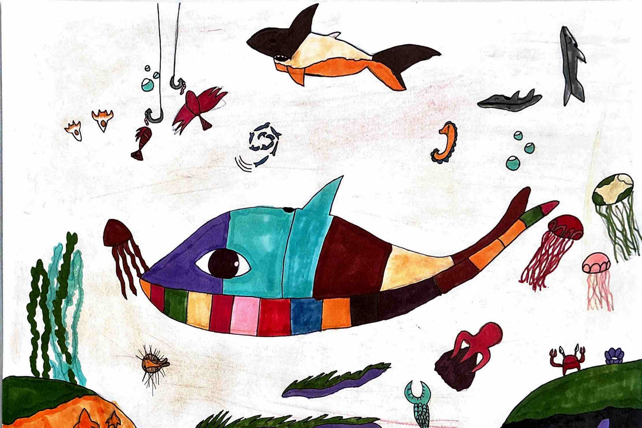 Eine Zeichnung auf der bunte Fische im Meer schwimmen