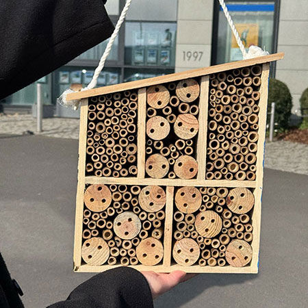 Insekten willkommen – Die Auszubildenden zeigen ein Insektenhotel, das Lebensraum für Wildbienen & Co. bietet.