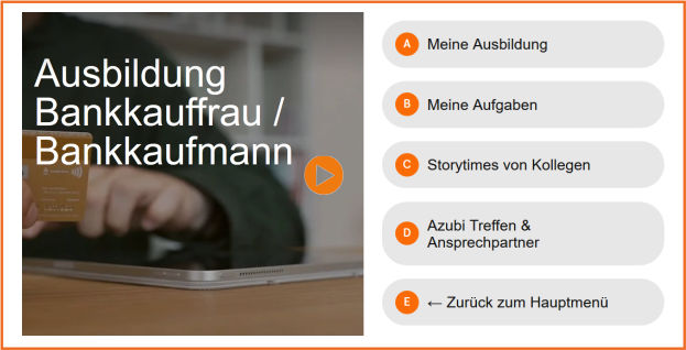 Das Bild zeigt eine Website oder eine App mit einem Menü von Optionen im Zusammenhang mit einem Ausbildungsprogramm einer Ban
