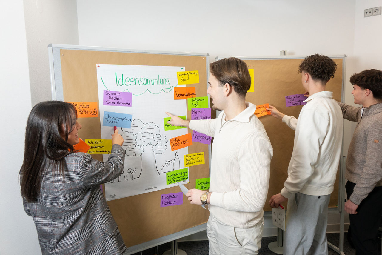 Vier junge Menschen arbeiten an einer Metaplanwand