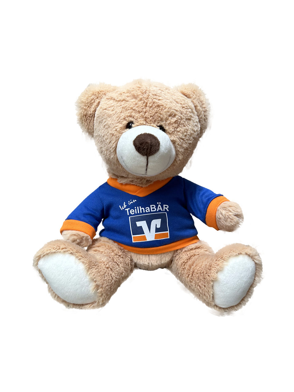 Teddybär mit blau-orangenem T-Shirt auf dem TeilhaBär