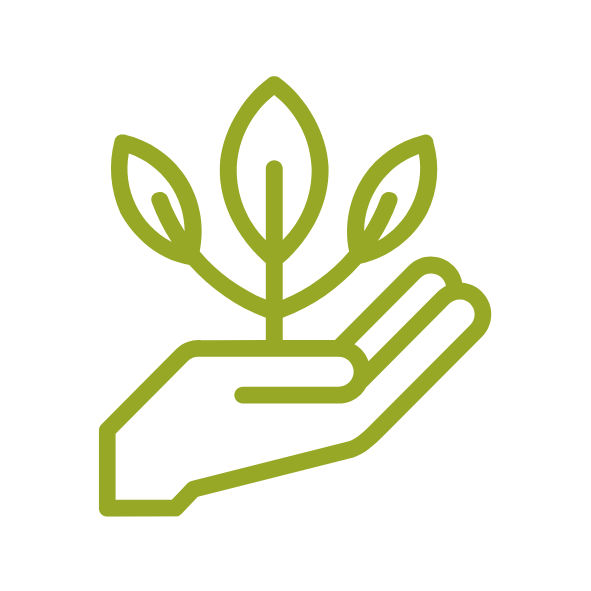 Illustrative Darstellung einer Hand, die einen Baumsetzling hält