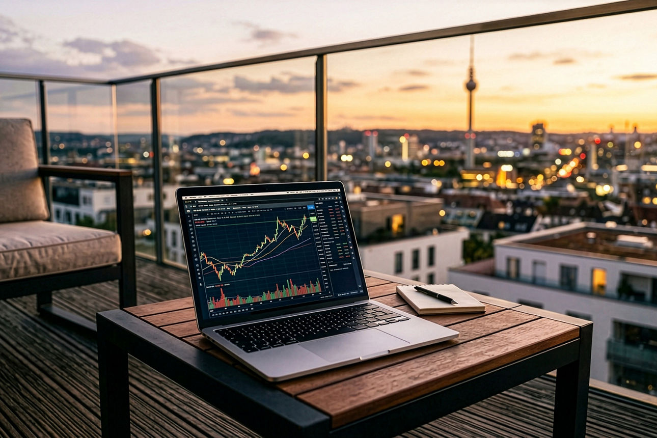 Ein Prozentzeichen und Geldmünzen halten sich die Waage