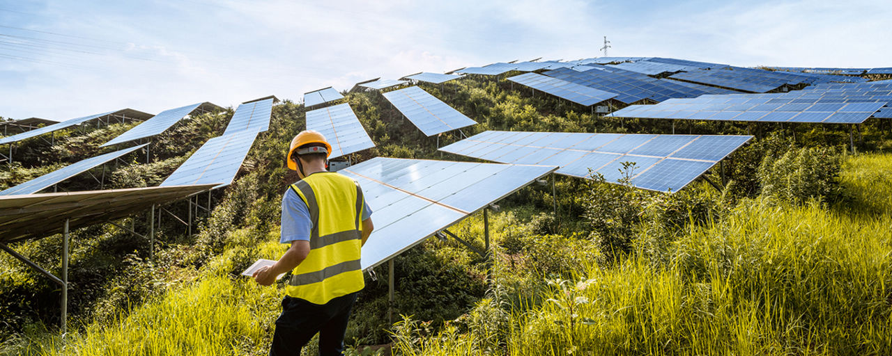 Ein Mann steht vor Solarplatten auf einer Wiese