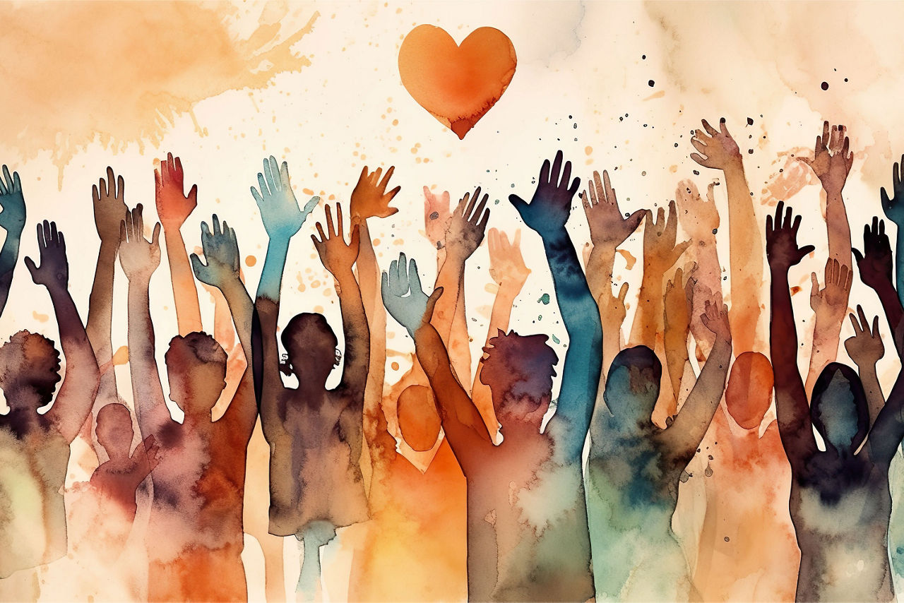 Aquarellbild Menschen strecken die Arme in die Luft in richtung eines Herzens