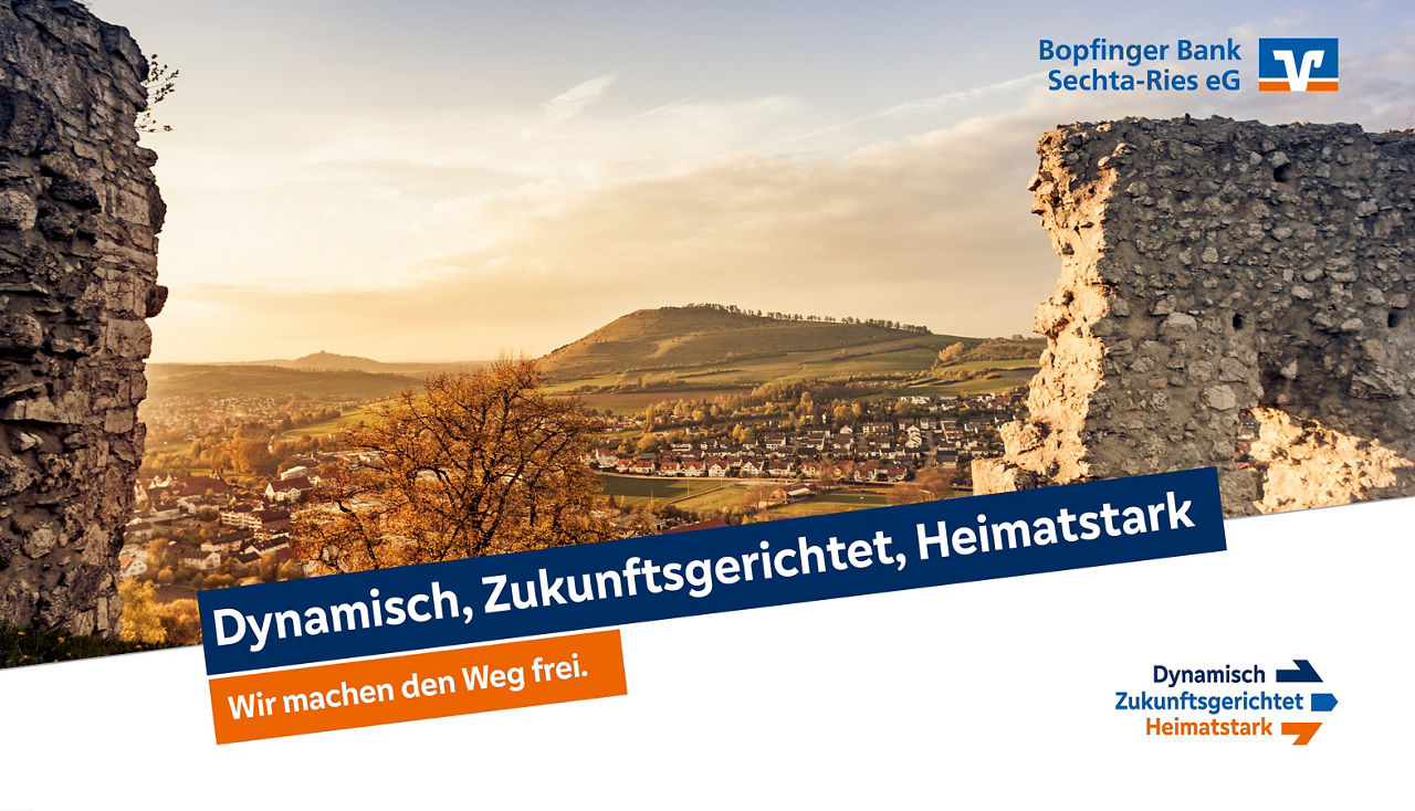 Mauern der Burgruine rechts und links mit dem Blick auf Bopfingen und das Geschäftsgebiet. Enthält auch das Leitbild