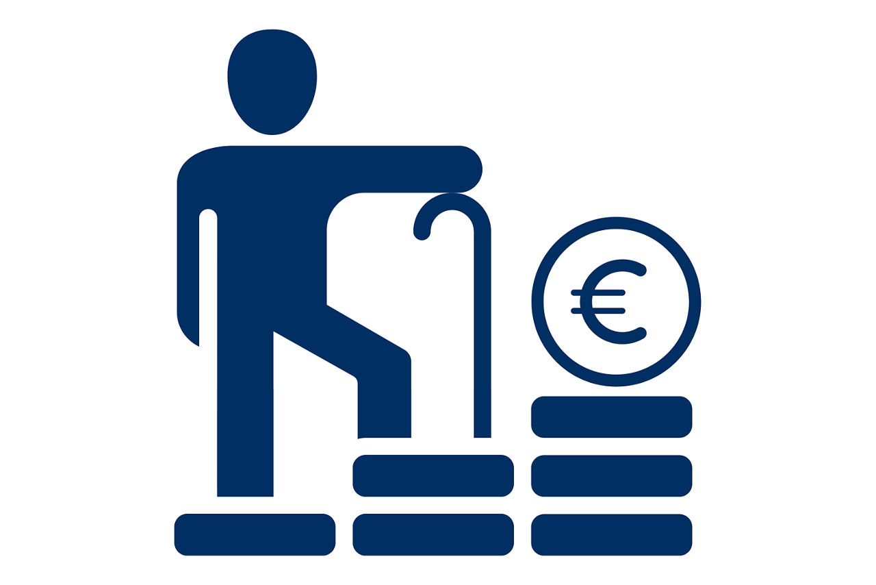 Ein Pictogramm Person, die eine Treppe zu einem Eurozeichen hochgeht