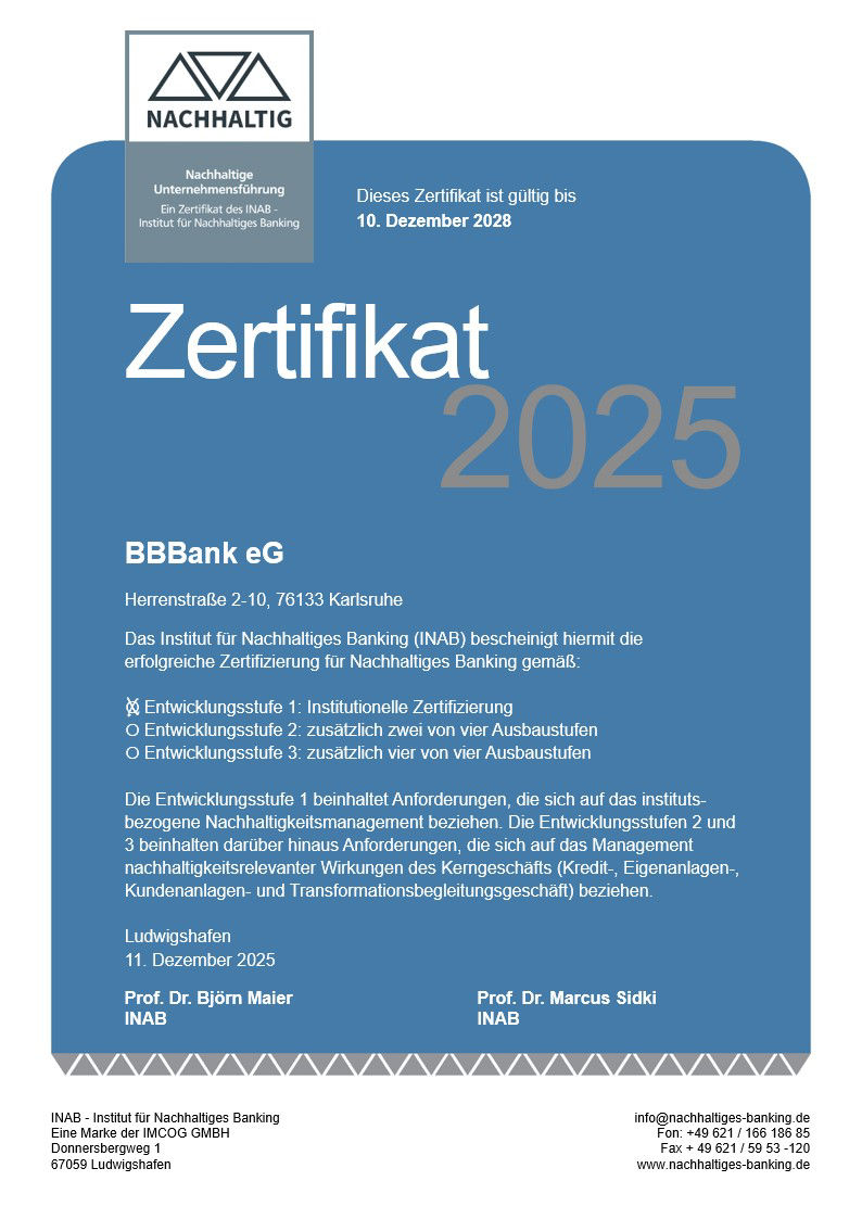 BBBank erhält INAB-Zertifikat für Nachhaltiges Banking