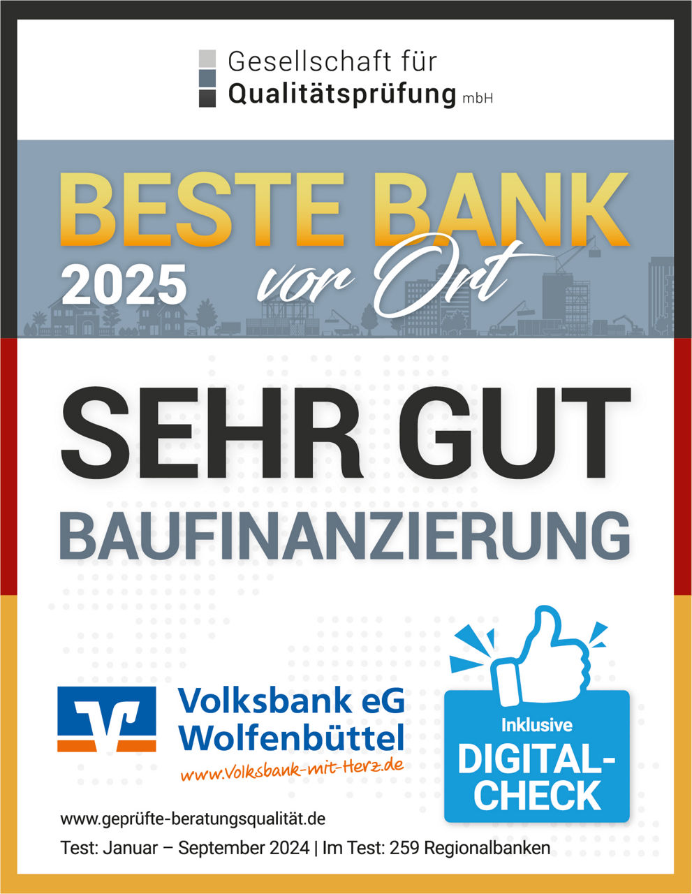 Urkunde für Beste Bank vor Ort - Bereich Baufinanzierung