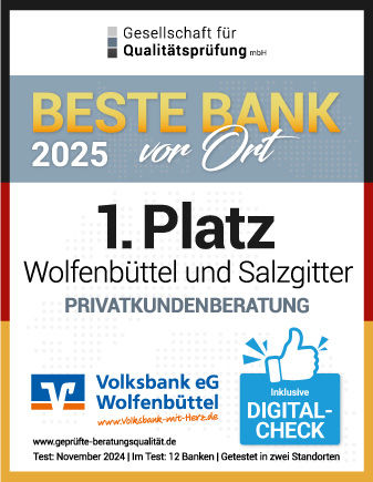 Urkunde für Beste Bank vor Ort, 1. Platz in Wolfenbüttel und Salzgitter