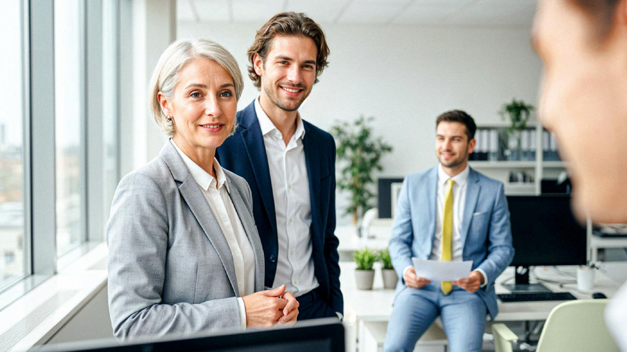 Mehrere Personen stehen im Büro und unterhalten sich