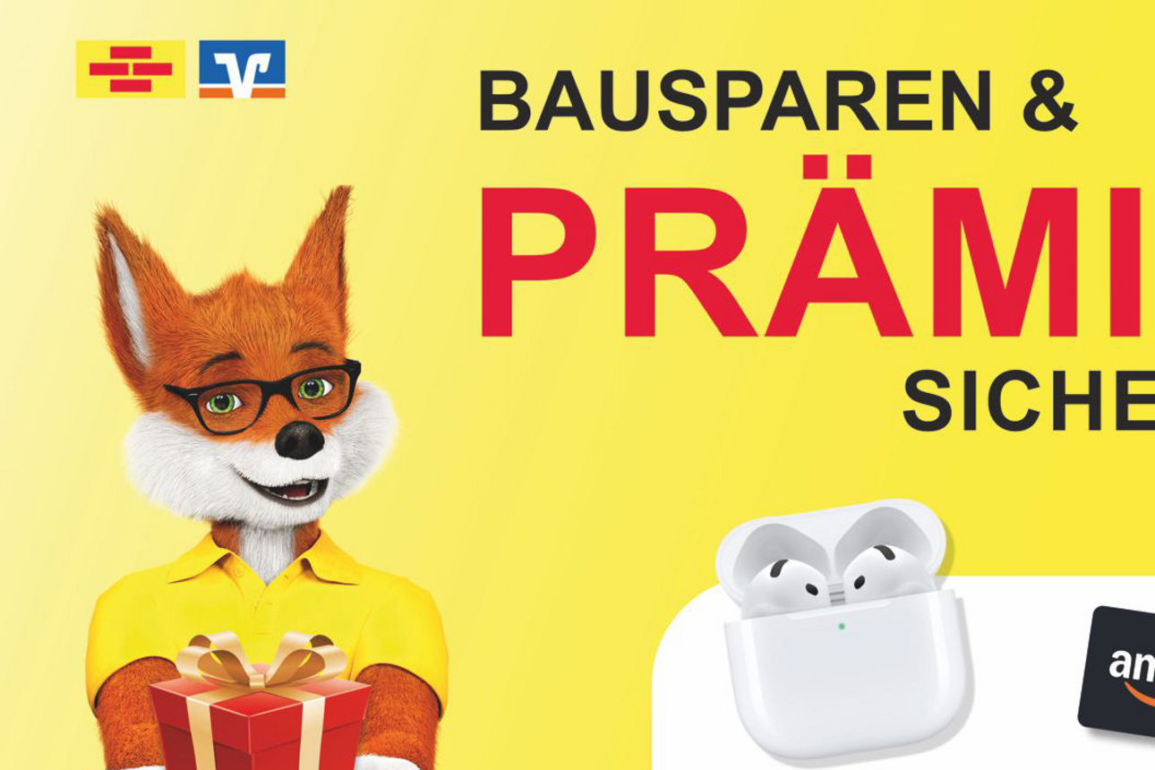 Bausparfuchs mit Geschenk in der Hand. Hinweis auf Prämien Aktion und Abbildung der möglichen Prämien