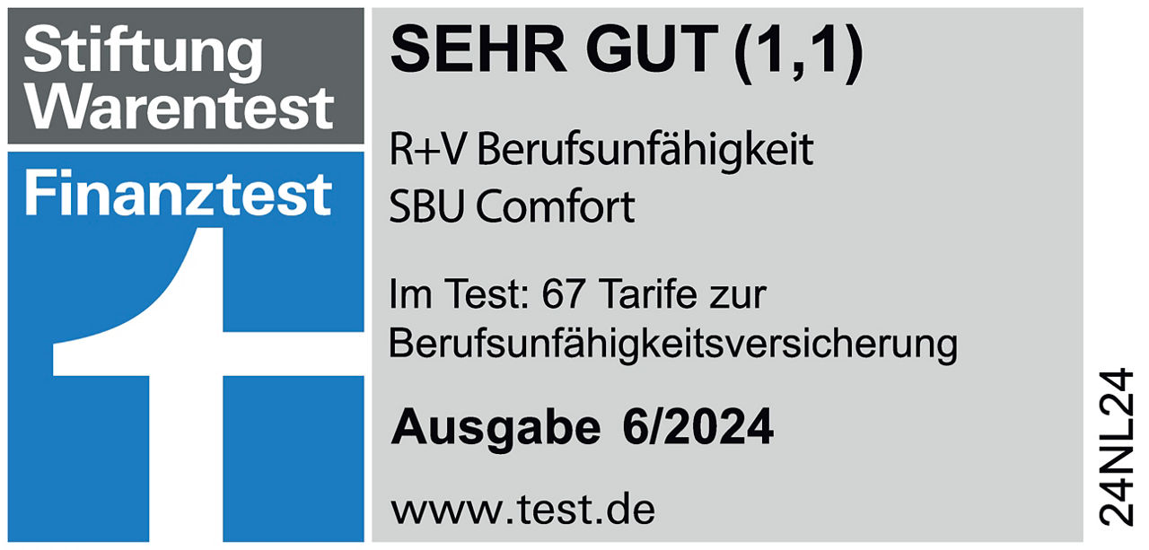 Siegel: Stiftung Warentest, R+V Berufsunfähigkeitsversicherung mit der Note sehr gut (1,1)