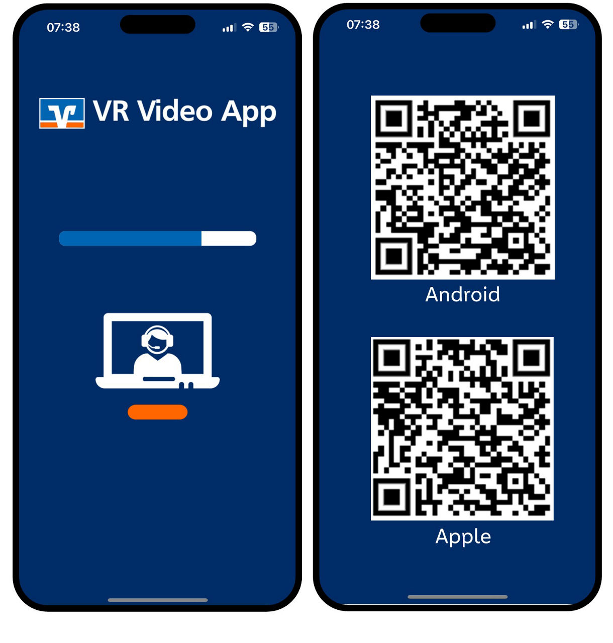 Grafik zeigt zwei Smartphones, das linke mit dem Logo der VideoApp, das rechte mit dem QR-Codes von Android und Apple zum Download