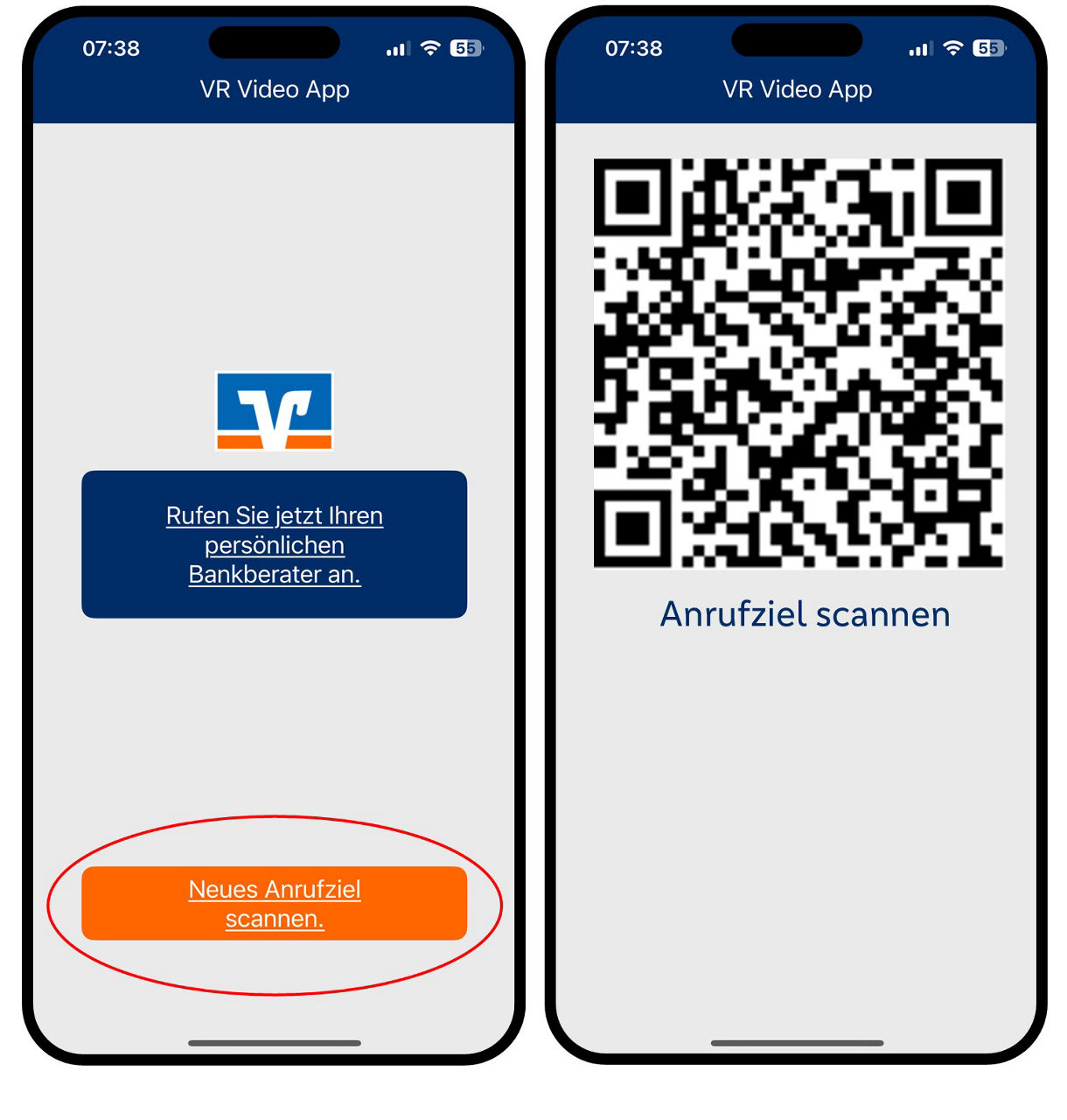 Grafik zeigt zwei Smartphones, das linke mit dem Aufruf des VideoCalls, das rechte mit dem QR-Code des Anrufziels