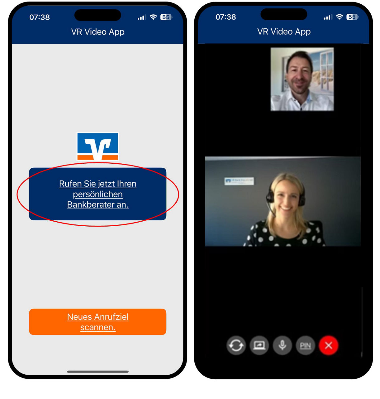 Grafik zeigt zwei Smartphones, das linke mit dem Aufruf zum VideoCall und das rechte zeigt einen aktiven VideoCall