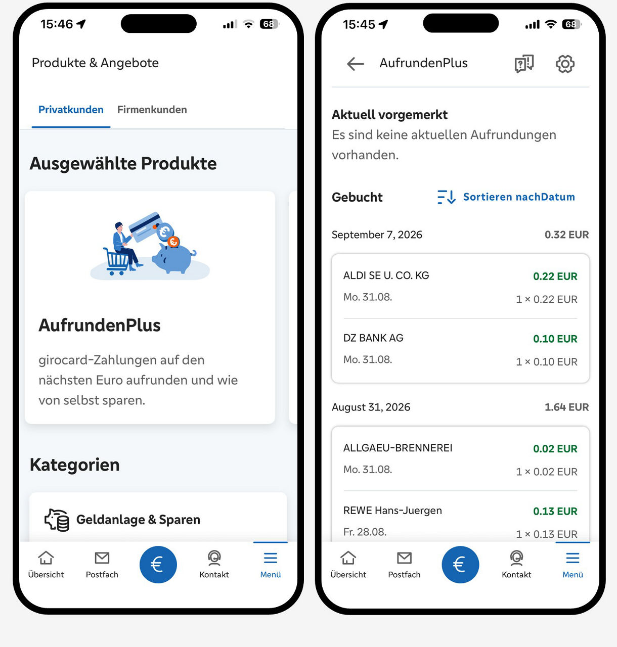 Grafik zeigt zwei Smartphones, links AufrundenPlus einrichten, rechts Buchungen zu AufrundenPlus