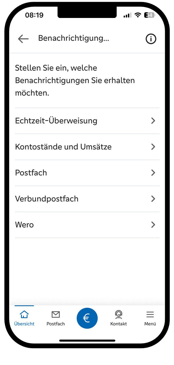 Übersicht der Benachrichtigungsservices: Echtzeit-Überweisung, Kontostände und Umsätze, Postfach, Verbundpostfach, Wero