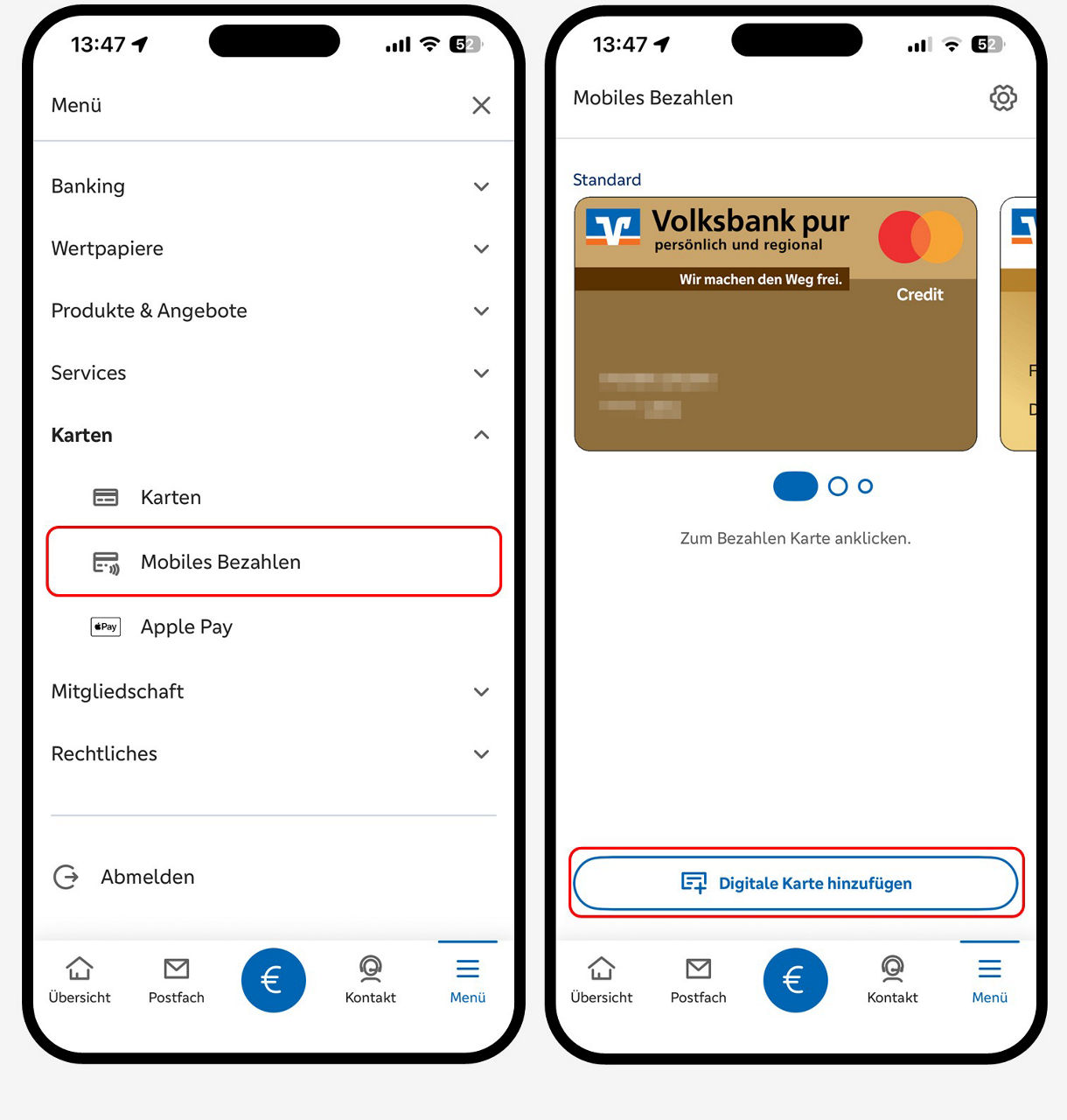 Grafik zeigt zwei Smartphones, links das Menü mit Karten und mobiles Bezahlen, rechts das mobile Bezahlen mit der Option "Digitale Karte hinzufügen"