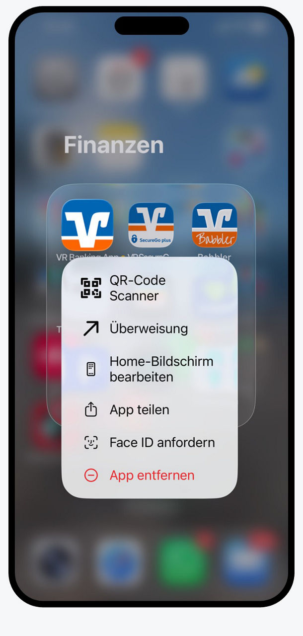 Grafik zeigt das Menü nach Longpress auf das Icon der VR Banking App