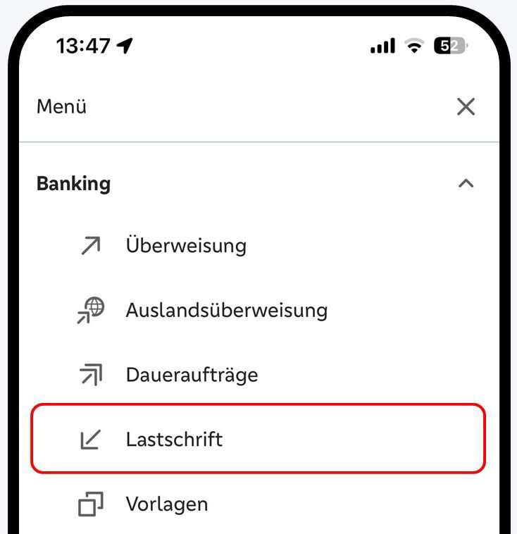 Grafik zeigt Ausschnitt eines Smartphones mit dem App-Menü Banking und dem Aufruf von Lastschriften