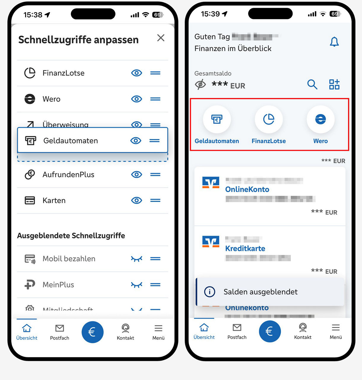 Grafik zeigt zwei Smartphones, links Schnelleinstieg Geldautomatensuche verschieben, rechts die Schnelleinstiege auf der Startseite der Banking App