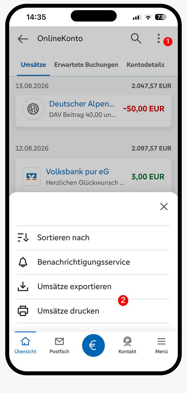 Grafik zeigt die Funktion Umsatz drucken und Umsatz exportieren in der VR Banking App