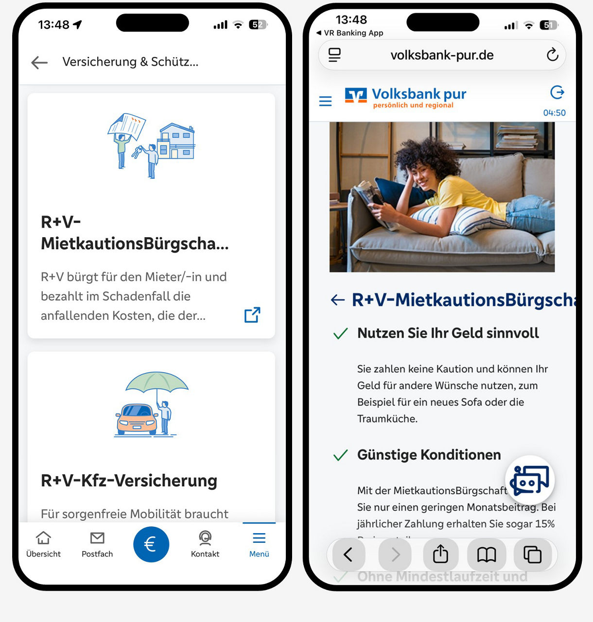 Grafik zeigt zwei Smartphones, links die Versicherungsprodukte R+V Mietkautionsbürgschaft und rechts die Webseite zur Mietkautionsbürgschaft