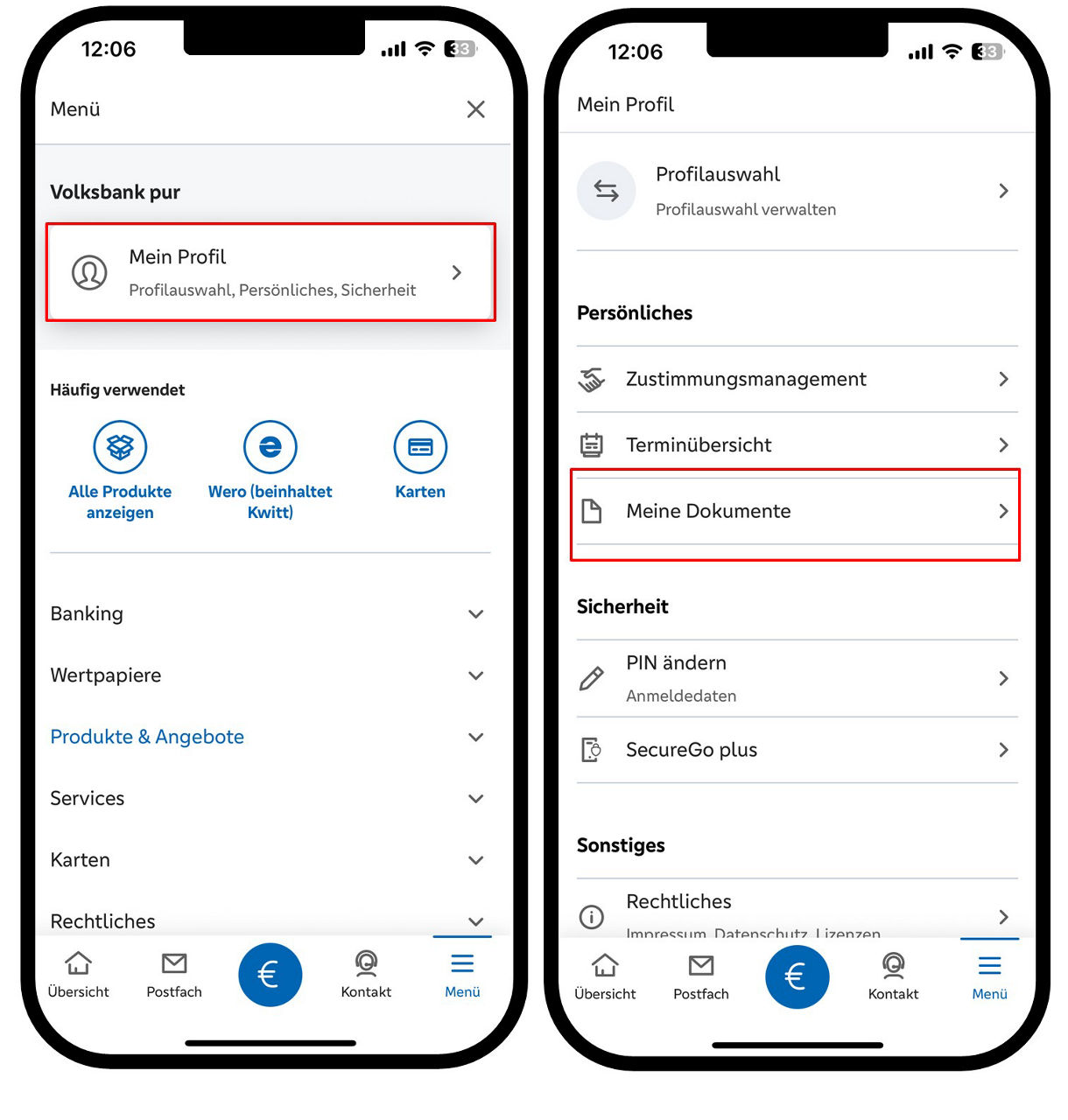 Grafik zeigt zwei Smartphone; das Linke mit dem Menü und dem Aufruf des Profils und das Rechte, mit dem Aufruf "Meine Dokumente"
