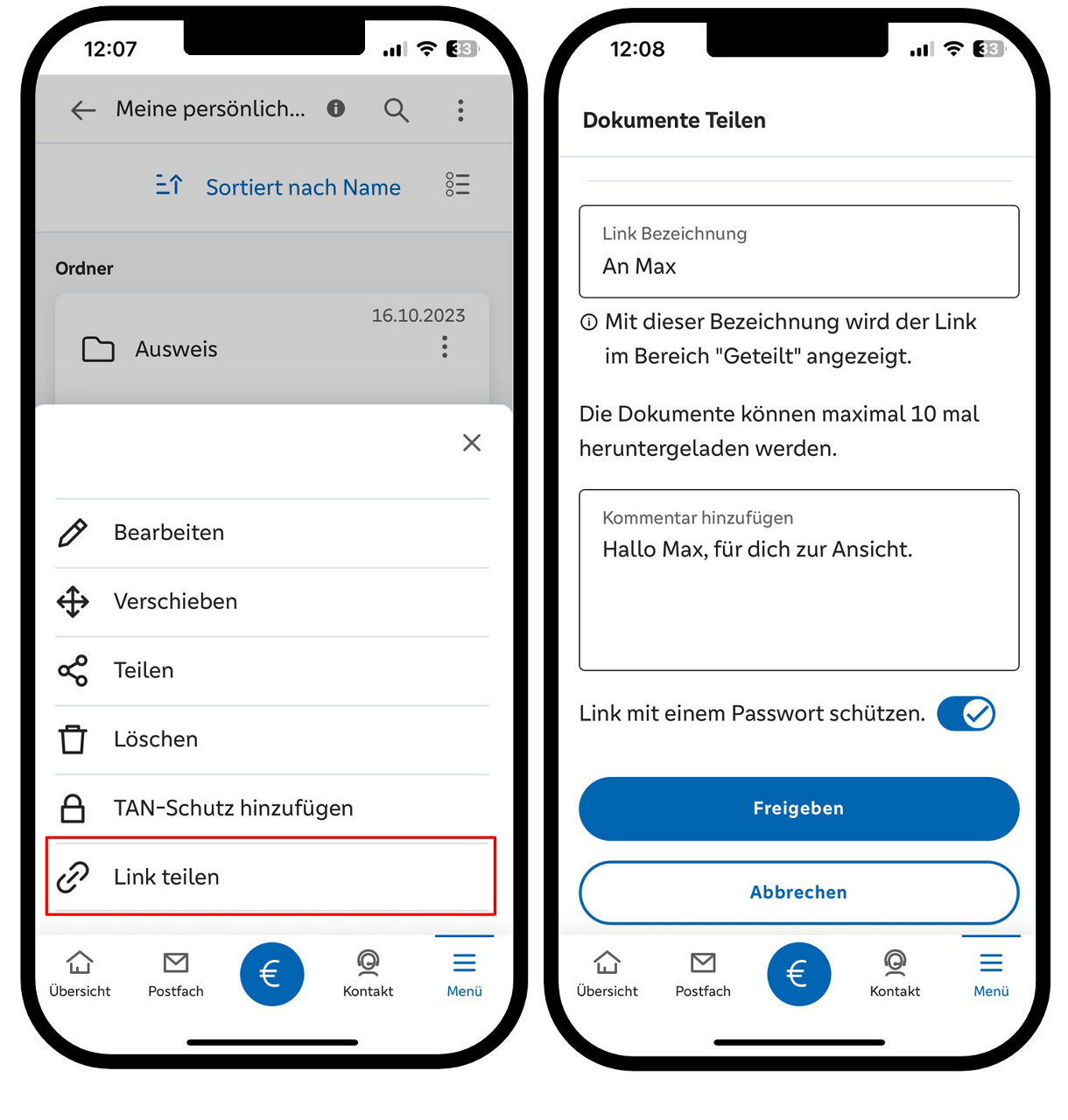 Grafik zeigt zwei Smartphone; das Linke mit dem Menü u.a. mit der Funktion "Link teilen" und das Rechte, mit den individuellen Einstellungen innerhalb der Teilen-Funktion