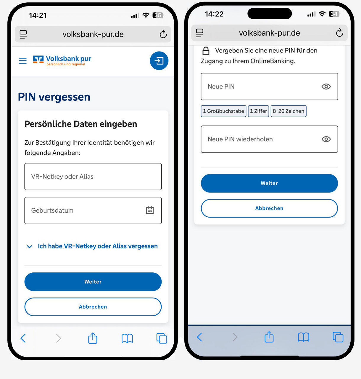 Grafik zeigt zwei Smartphone mit den Prozessschritten der Funktion PIN vergessen