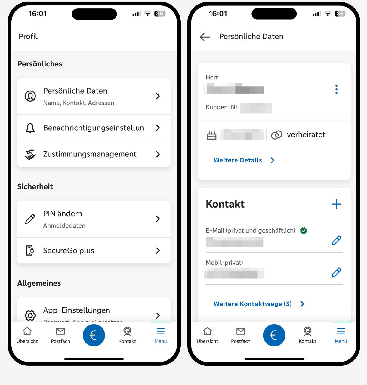 Grafik zeigt zwei Smartphones mit dem Aufruf der Persönlichen Daten im Profil
